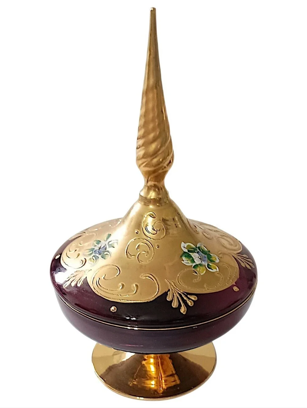 Vtg Amethyst Glass Trinket Dish‎ Pedestal Finial Lid Vanity Gold Gilt Candy Jar